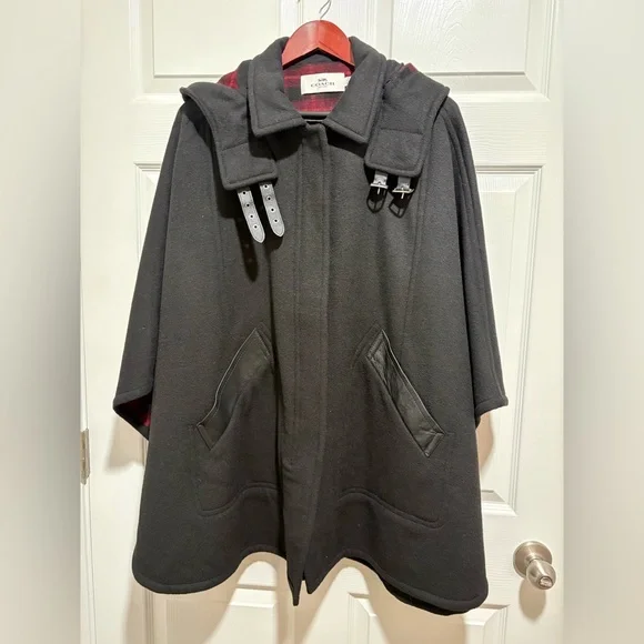 Coach Black Wool Blend Cape w/Plaid Interior & Detachable Hood Size M/L F18030 - Picture 4 of 10